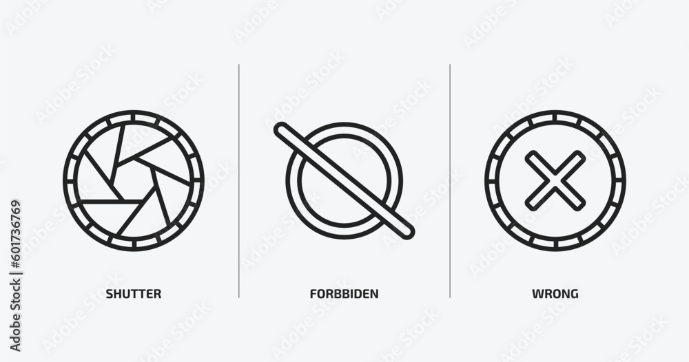 Poster user interface outline icons set. user interface icons such as shutter, forbbiden, wrong vector. can