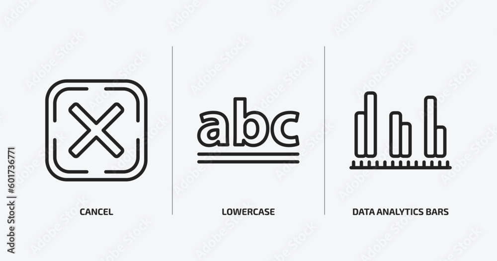 Poster user interface outline icons set. user interface icons such as cancel, lowercase, data analytics bar