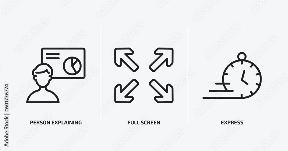 Poster user interface outline icons set. user interface icons such as person explaining data, full screen, 