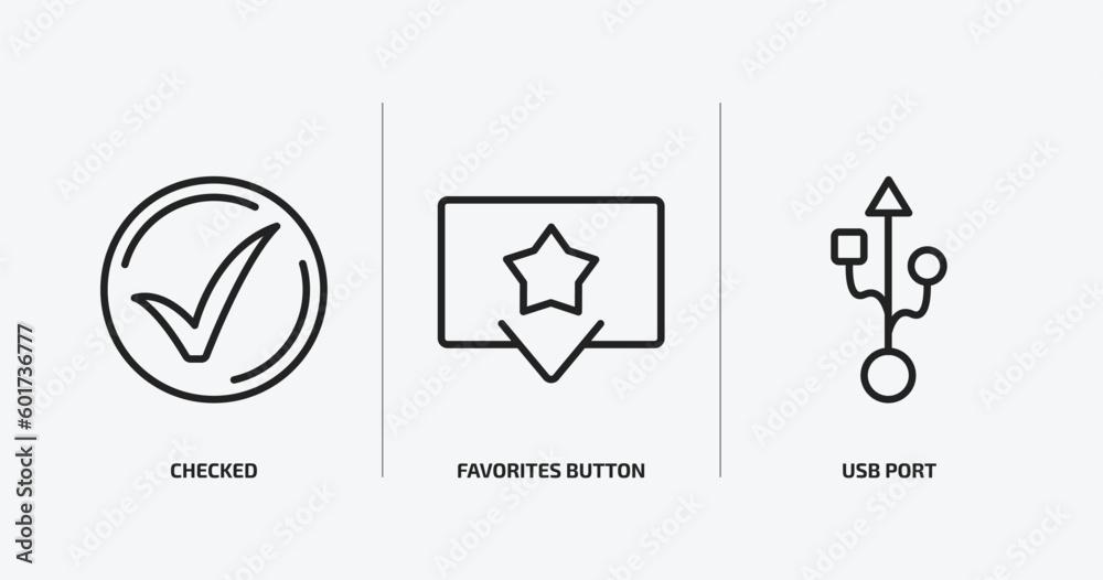 Poster user interface outline icons set. user interface icons such as checked, favorites button, usb port v