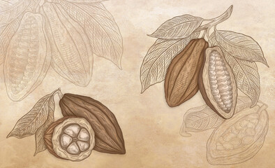 Pencil drawing of Cocoa beans on cocoa retro engraving background. Cocoa, art sketch of bean. Vintage graphic illustration in freehand style - 601736714