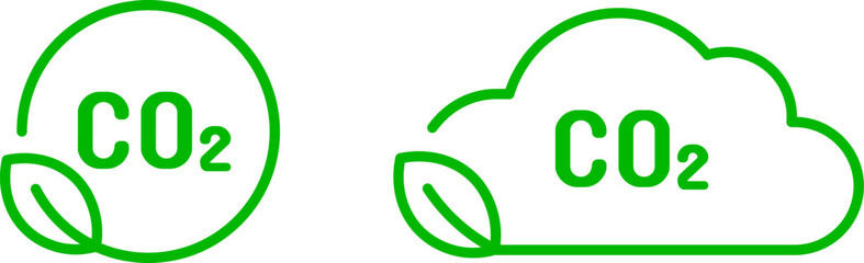 CO2 reduction vector icon set. Carbon or dioxide gas cloud symbol. Green leaf sign