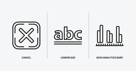 user interface outline icons set. user interface icons such as cancel, lowercase, data analytics bars vector. can be used web and mobile.