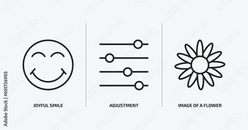 Poster user interface outline icons set. user interface icons such as joyful smile, adjustment, image of a 