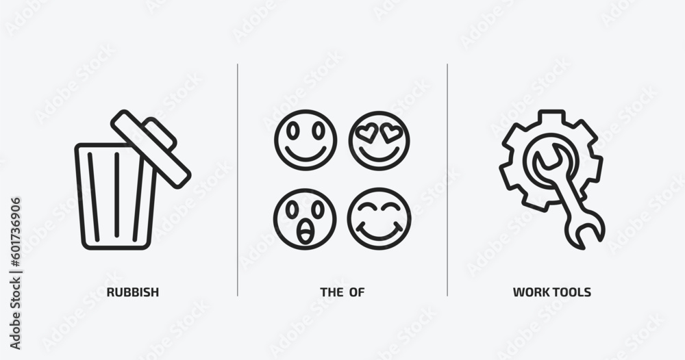 Poster user interface outline icons set. user interface icons such as rubbish, the of, work tools vector. c