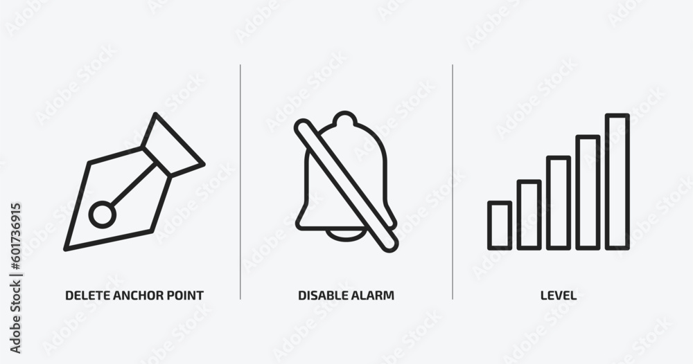 Poster user interface outline icons set. user interface icons such as delete anchor point, disable alarm, l