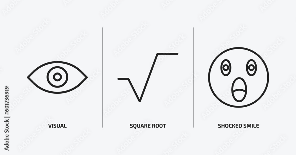 Poster user interface outline icons set. user interface icons such as visual, square root, shocked smile ve