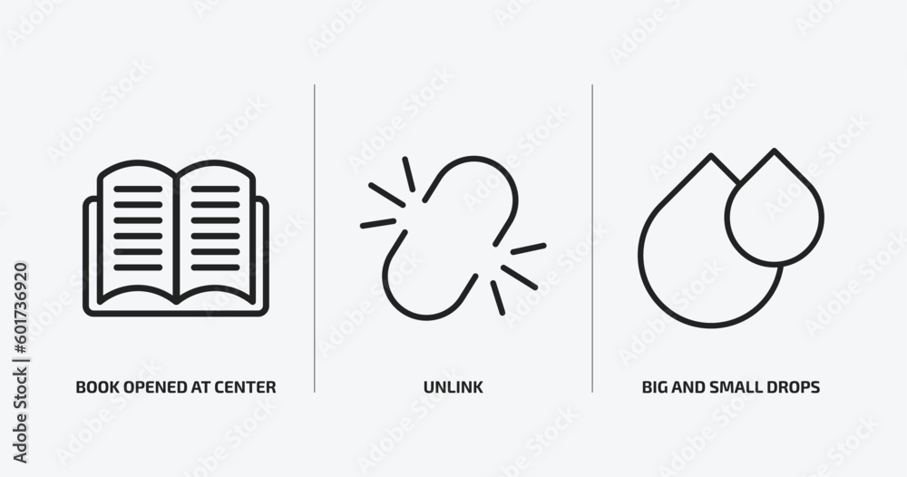 Poster user interface outline icons set. user interface icons such as book opened at center, unlink, big an