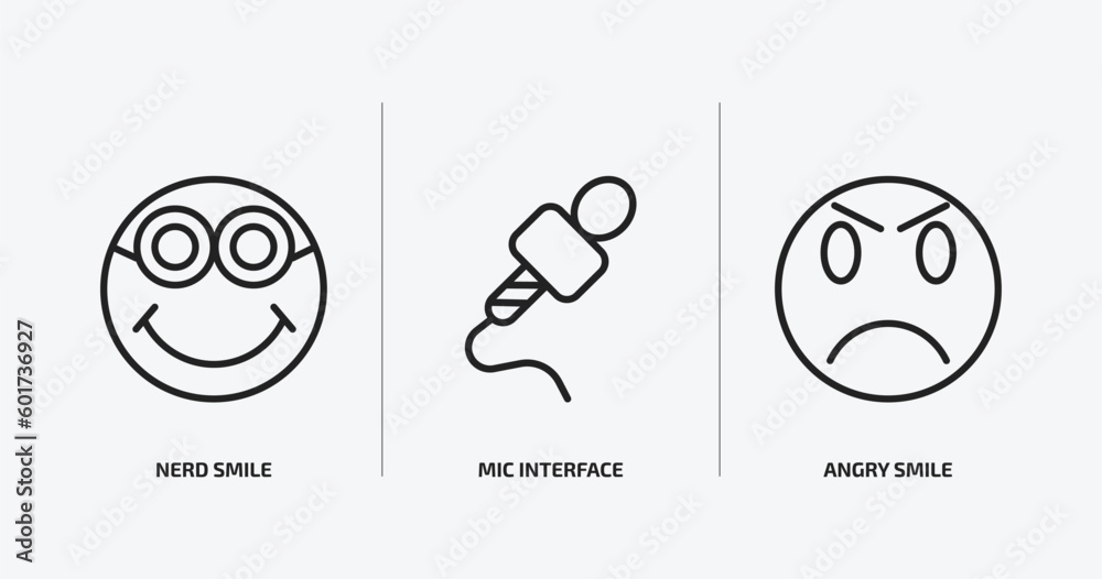 Poster user interface outline icons set. user interface icons such as nerd smile, mic interface, angry smil