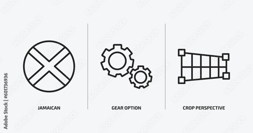 Poster user interface outline icons set. user interface icons such as jamaican, gear option, crop perspecti