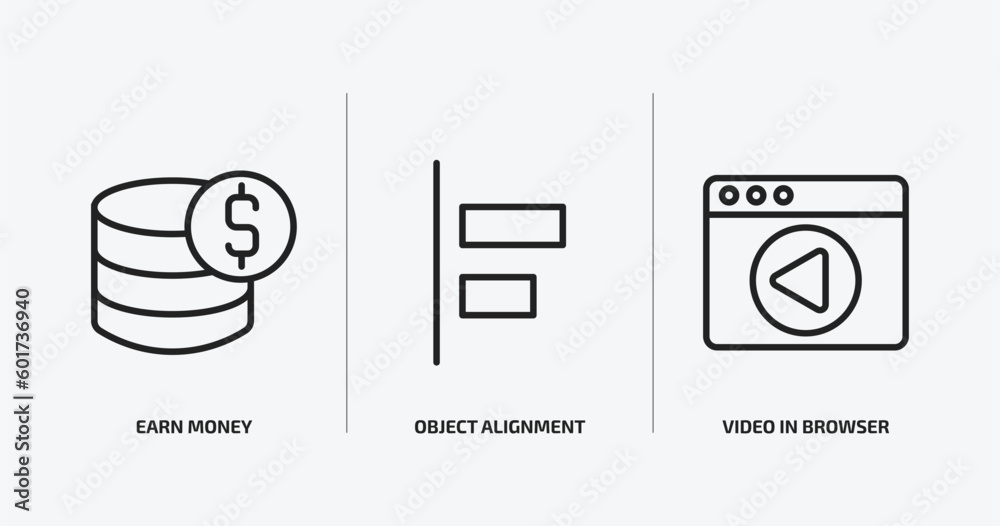 Poster user interface outline icons set. user interface icons such as earn money, object alignment, video i