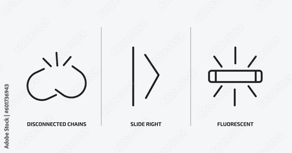 Poster user interface outline icons set. user interface icons such as disconnected chains, slide right, flu