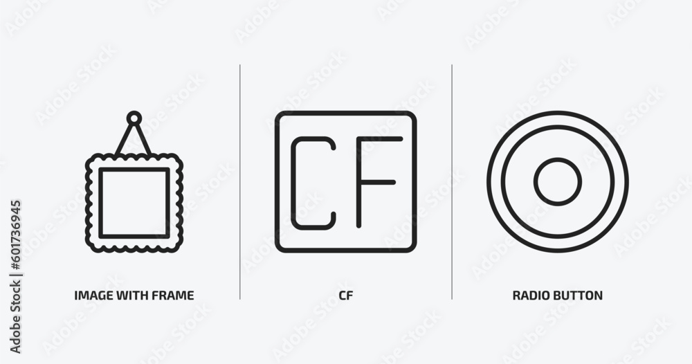 Poster user interface outline icons set. user interface icons such as image with frame, cf, radio button ve
