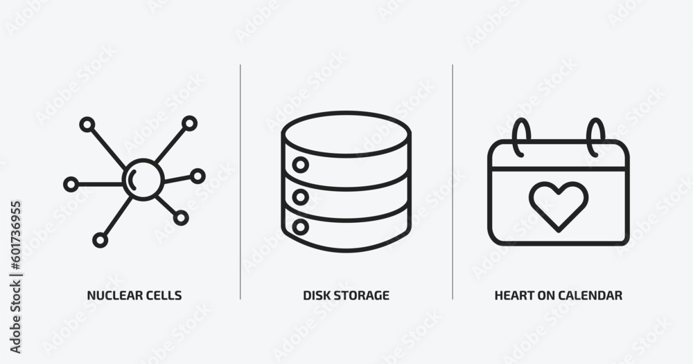 Poster user interface outline icons set. user interface icons such as nuclear cells, disk storage, heart on