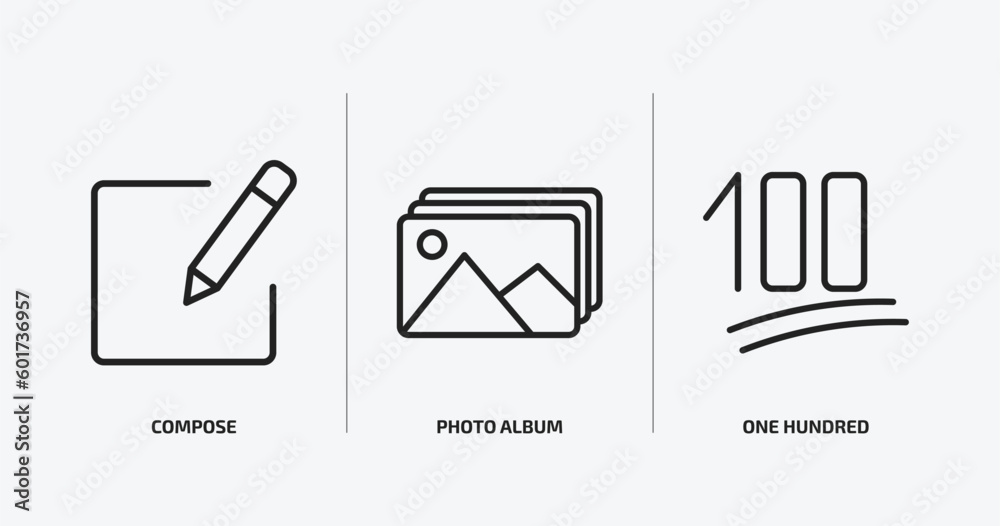 Poster user interface outline icons set. user interface icons such as compose, photo album, one hundred vec