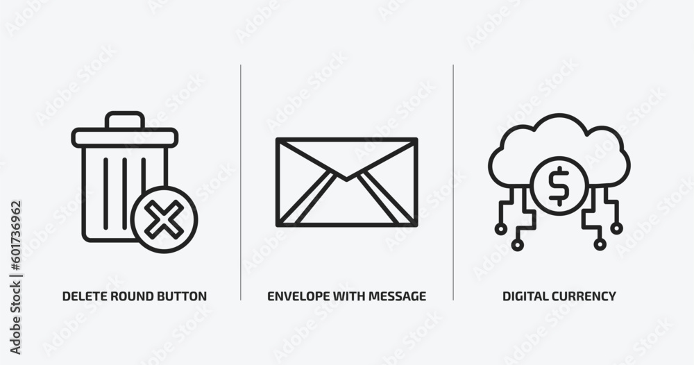 Poster user interface outline icons set. user interface icons such as delete round button, envelope with me