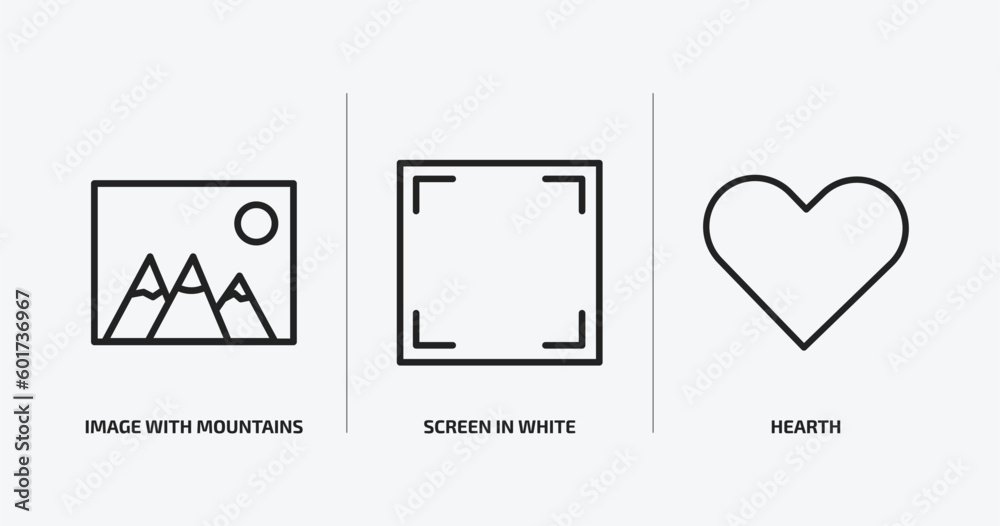 Poster user interface outline icons set. user interface icons such as image with mountains, screen in white