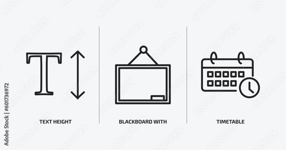 Poster user interface outline icons set. user interface icons such as text height, blackboard with, timetab