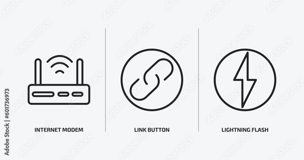 Poster user interface outline icons set. user interface icons such as internet modem, link button, lightnin