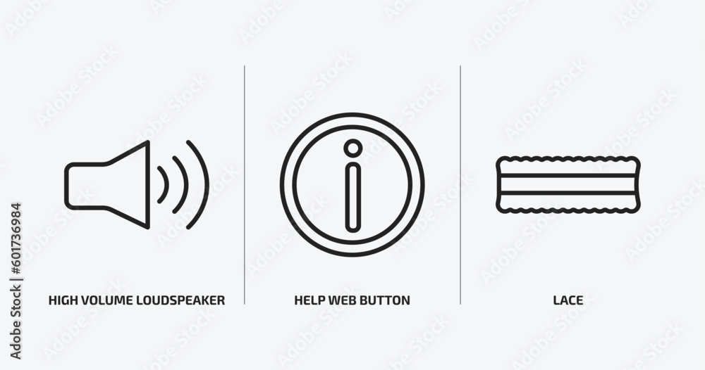 Poster user interface outline icons set. user interface icons such as high volume loudspeaker, help web but