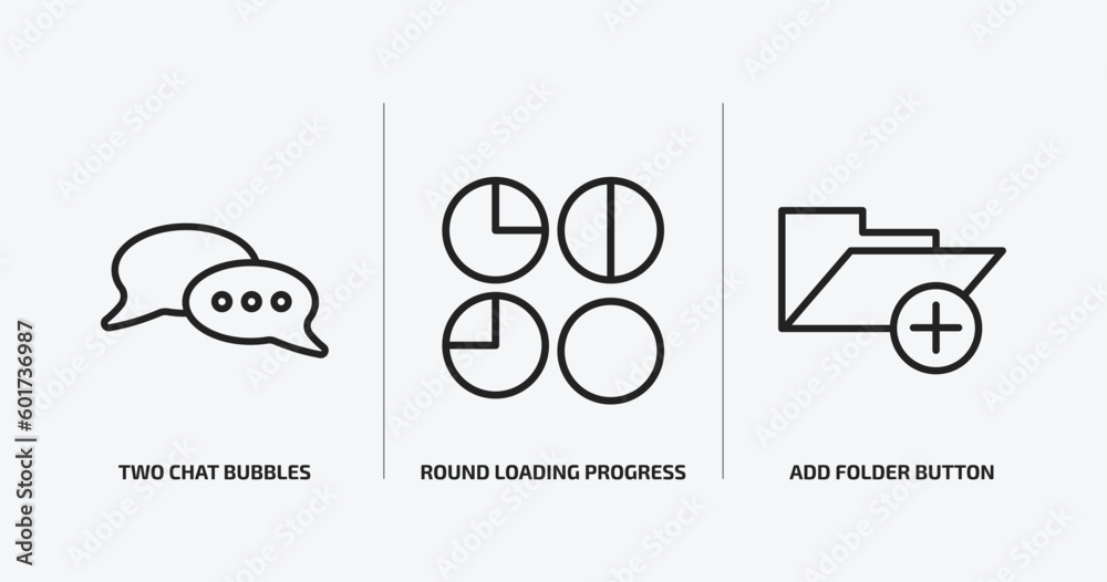 Poster user interface outline icons set. user interface icons such as two chat bubbles, round loading progr