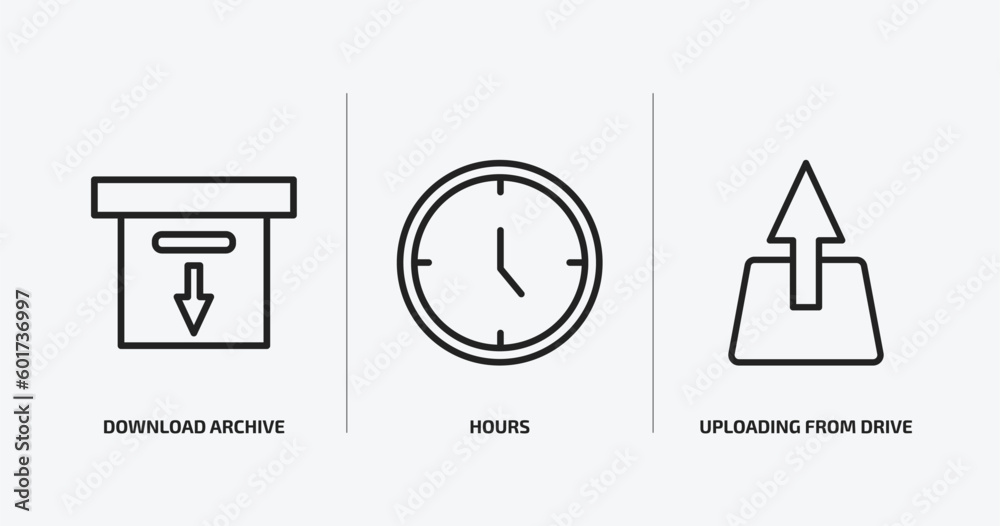 Poster collection. thin linear outline icons set. collection. thin linear icons such as download archive, h
