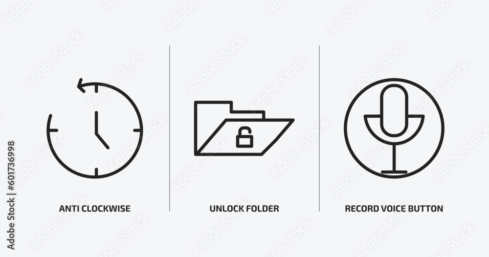 Poster user interface outline icons set. user interface icons such as anti clockwise, unlock folder, record