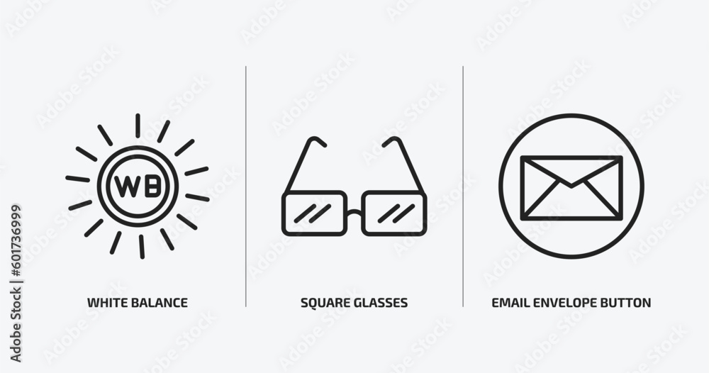 Poster user interface outline icons set. user interface icons such as white balance, square glasses, email 