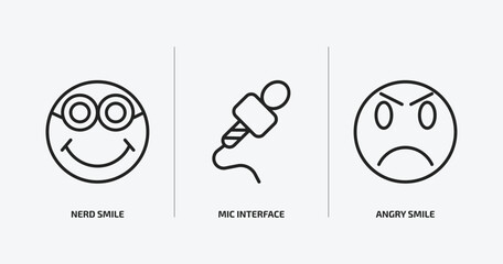 user interface outline icons set. user interface icons such as nerd smile, mic interface, angry smile vector. can be used web and mobile.