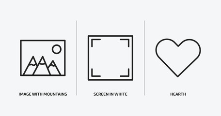 user interface outline icons set. user interface icons such as image with mountains, screen in white, hearth vector. can be used web and mobile.