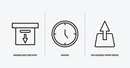 collection. thin linear outline icons set. collection. thin linear icons such as download archive, hours, uploading from drive vector. can be used web and mobile.