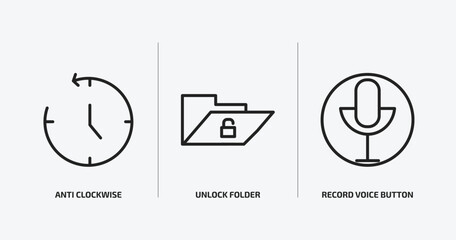 user interface outline icons set. user interface icons such as anti clockwise, unlock folder, record voice button vector. can be used web and mobile.