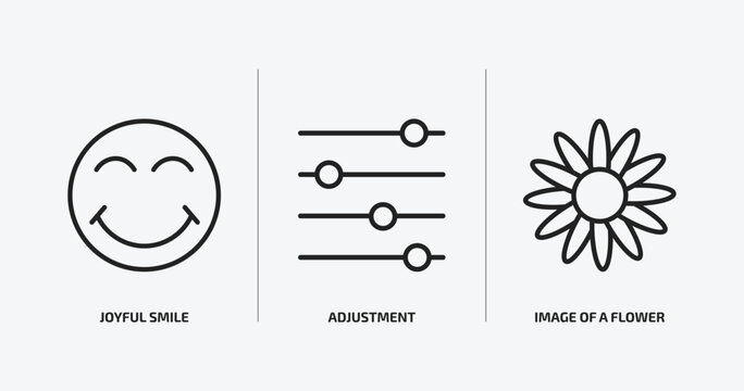 user interface outline icons set. user interface icons such as joyful smile, adjustment, image of a flower vector. can be used web and mobile.