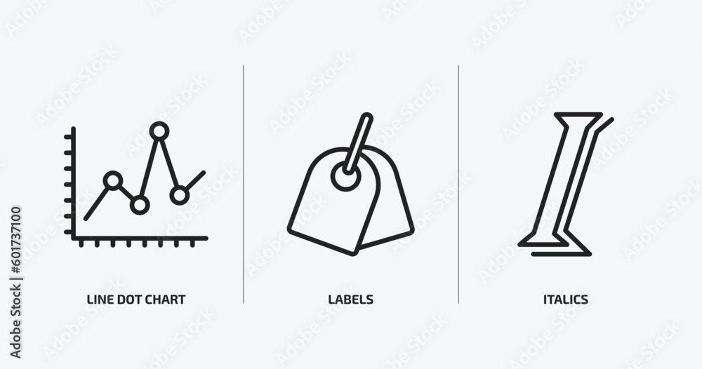 Poster user interface outline icons set. user interface icons such as line dot chart, labels, italics vecto