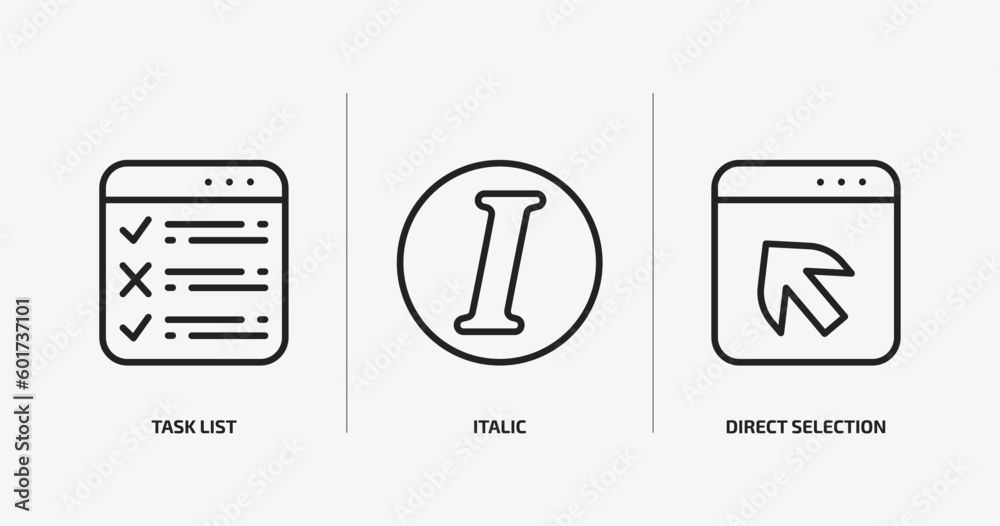 Poster user interface outline icons set. user interface icons such as task list, italic, direct selection v