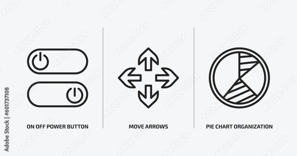 Poster user interface outline icons set. user interface icons such as on off power button, move arrows, pie
