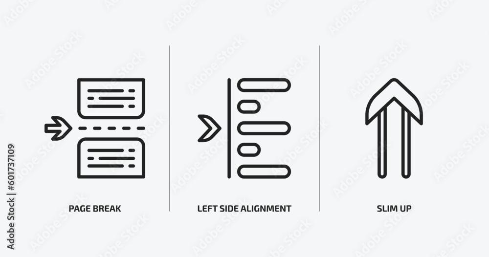 Poster user interface outline icons set. user interface icons such as page break, left side alignment, slim