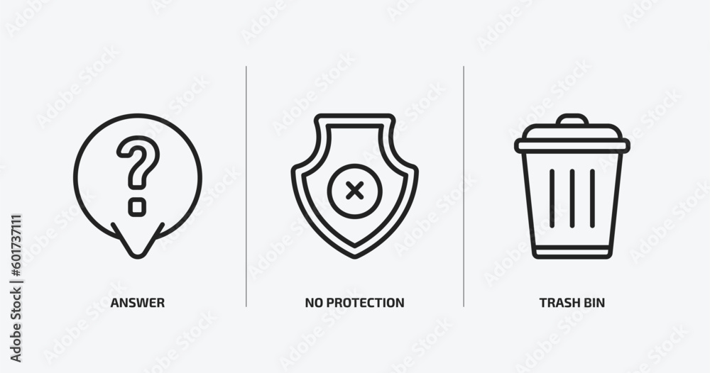 Poster user interface outline icons set. user interface icons such as answer, no protection, trash bin vect