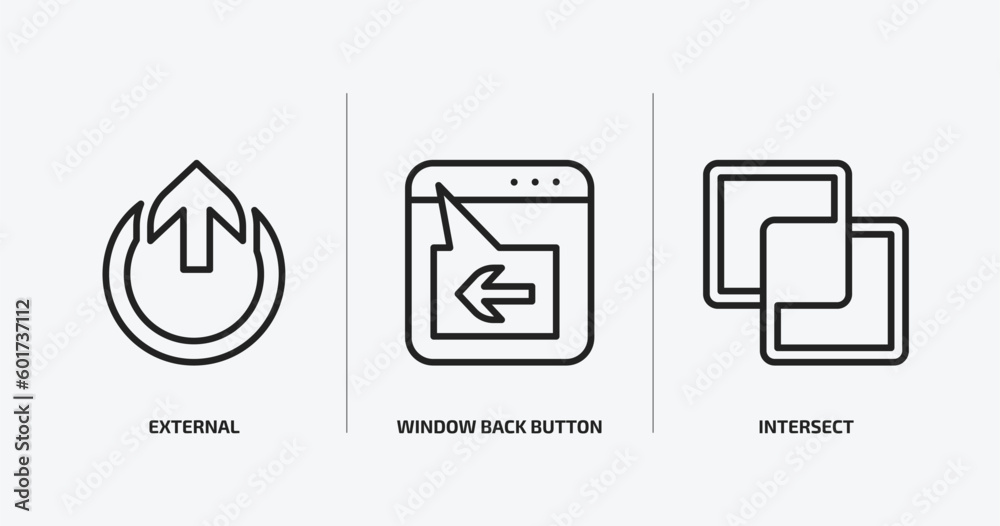 Poster user interface outline icons set. user interface icons such as external, window back button, interse