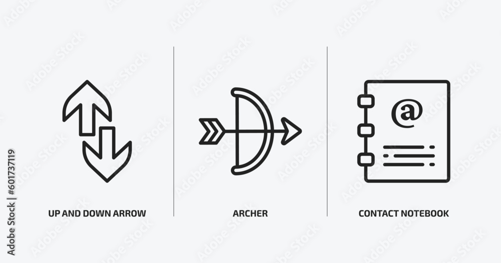 Poster user interface outline icons set. user interface icons such as up and down arrow, archer, contact no