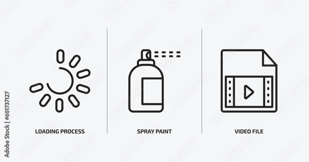 Poster user interface outline icons set. user interface icons such as loading process, spray paint, video f