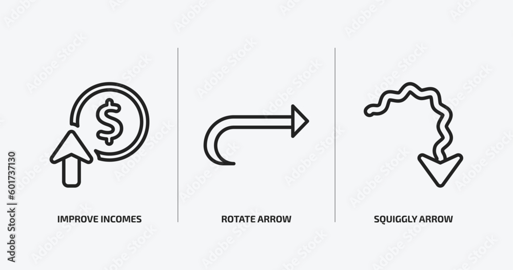 Poster user interface outline icons set. user interface icons such as improve incomes, rotate arrow, squigg