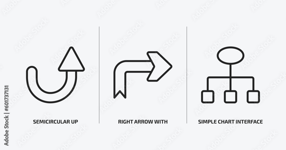 Poster user interface outline icons set. user interface icons such as semicircular up arrow, right arrow wi