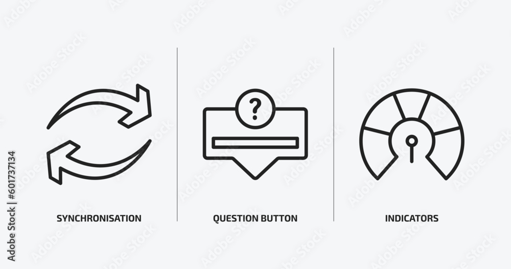 Poster user interface outline icons set. user interface icons such as synchronisation, question button, ind