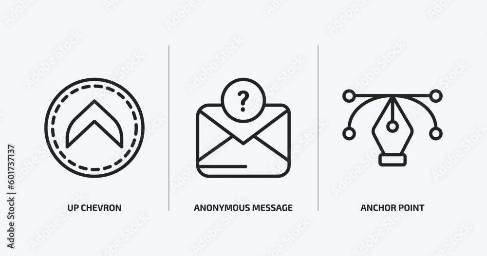 Poster user interface outline icons set. user interface icons such as up chevron, anonymous message, anchor