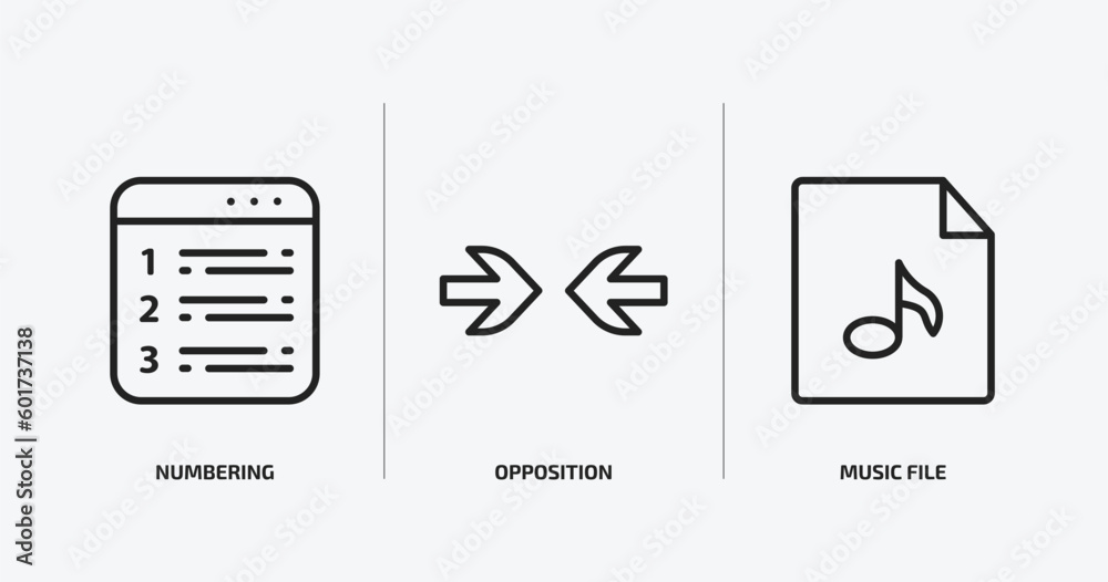 Poster user interface outline icons set. user interface icons such as numbering, opposition, music file vec