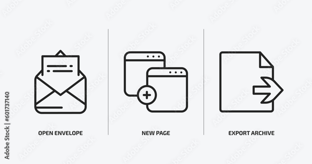 Poster user interface outline icons set. user interface icons such as open envelope, new page, export archi