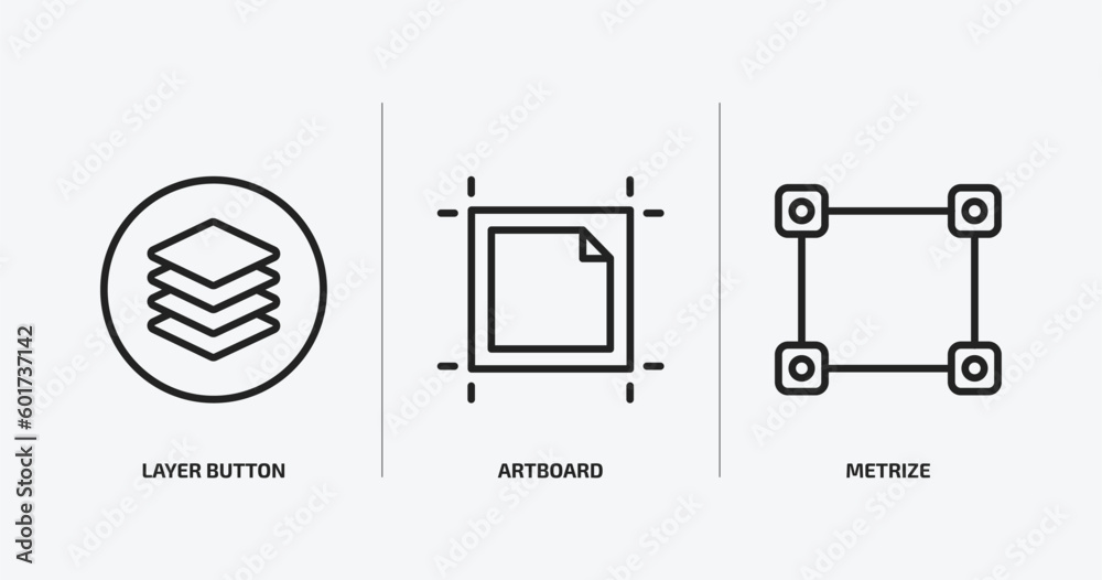 Poster user interface outline icons set. user interface icons such as layer button, artboard, metrize vecto