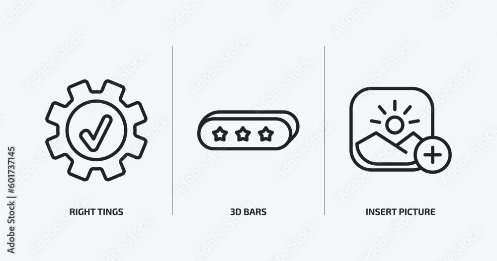 Poster user interface outline icons set. user interface icons such as right tings, 3d bars, insert picture 