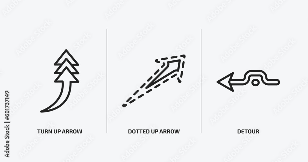 Poster user interface outline icons set. user interface icons such as turn up arrow, dotted up arrow, detou